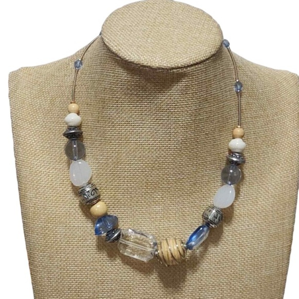 Treska Gypsy Warehouse Boho Beaded Necklace Blue Glass Wood Stone Silver NWT